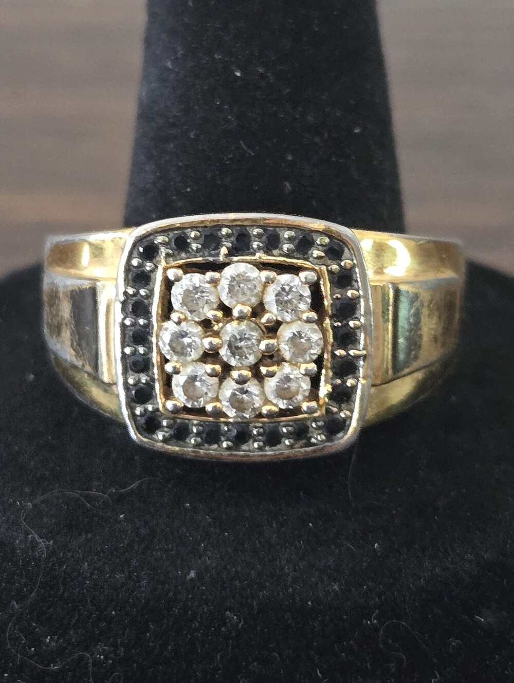 VTG 80s RSC Gold Plated Faux Black White Diamond Cushion Set Signet Ring 13